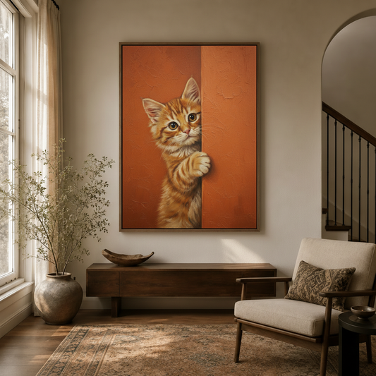 Cute cat oil painting wall art in dark walnut float frame displayed in modern entryway