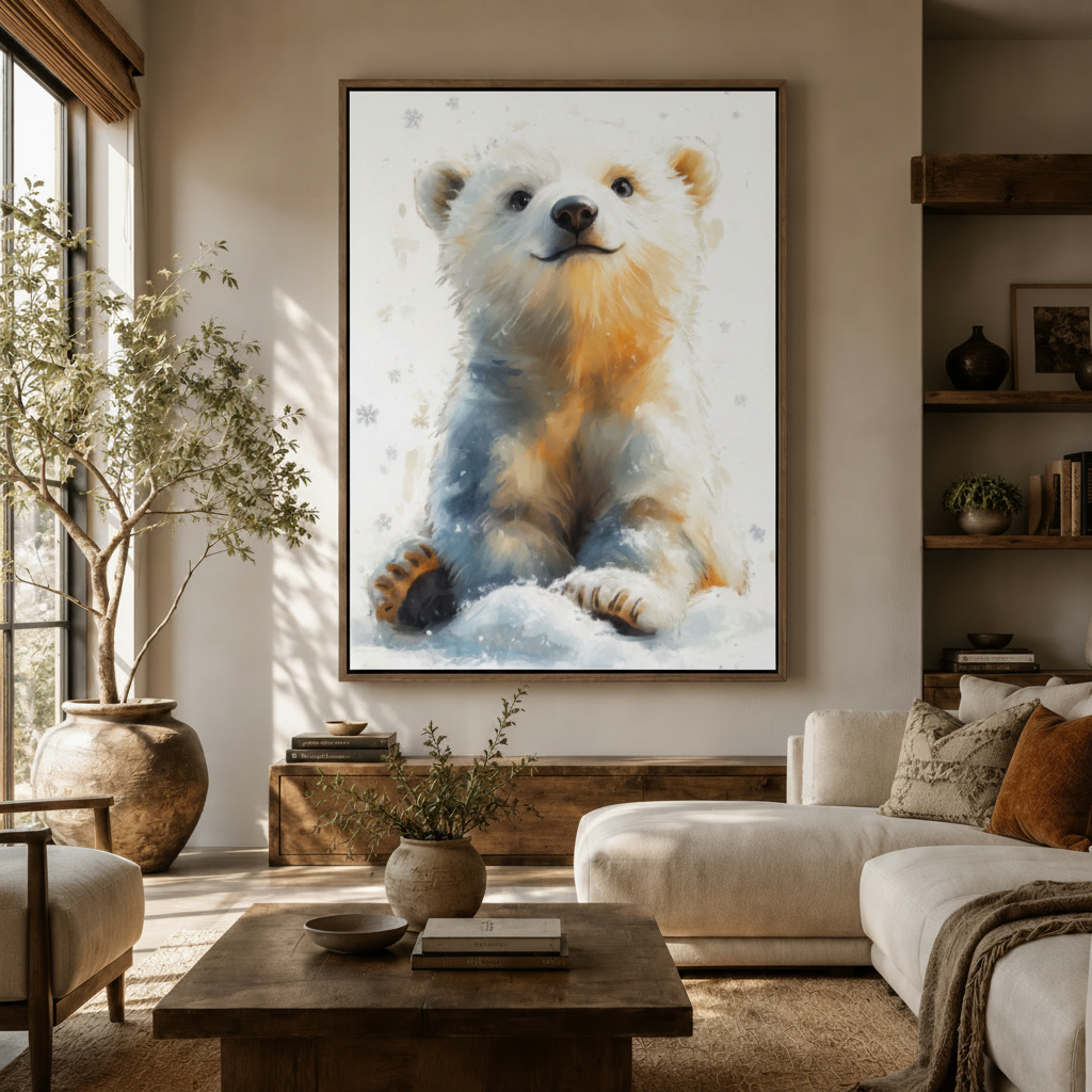 Baby polar bear canvas wall art hung above white sofa in bright boho living room with natural light