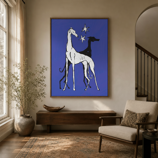 Greyhound star print in entryway with arched doorway and natural wood console