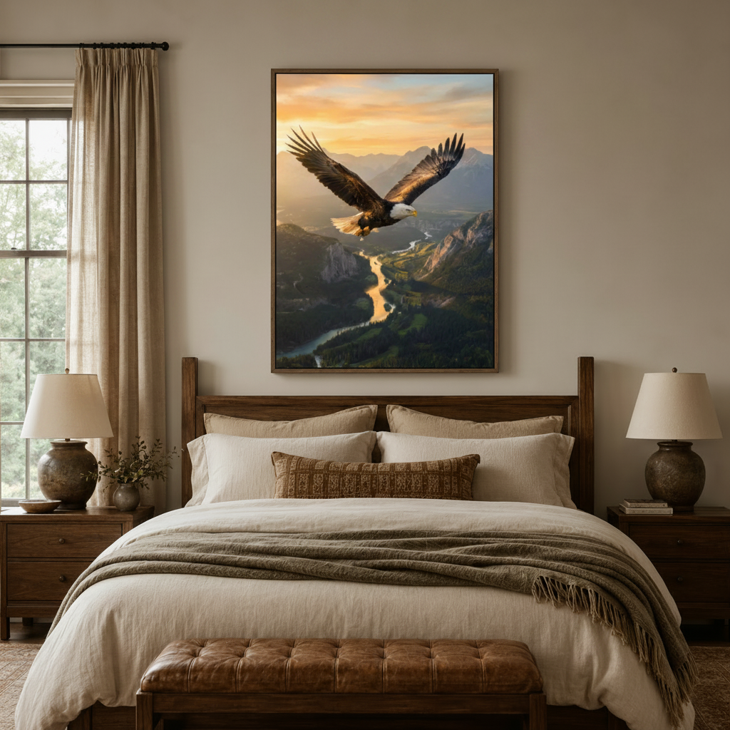Wildlife bald eagle oil painting canvas hung above wooden bed headboard in a cozy neutral bedroom