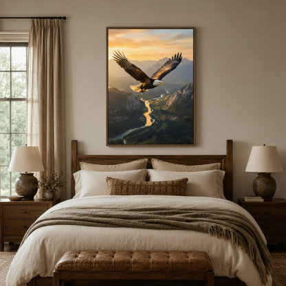 Wildlife bald eagle oil painting canvas hung above wooden bed headboard in a cozy neutral bedroom