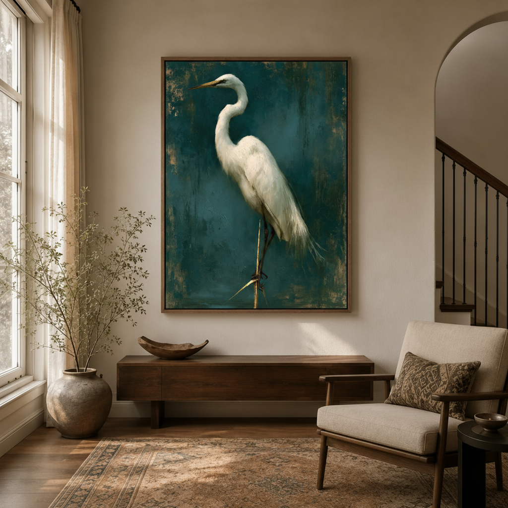 Oversized vintage egret canvas wall art hanging in a warm neutral living room with natural light