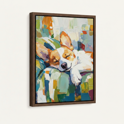 Bold palette knife corgi canvas in dark walnut float frame, 3/4 angle view on clean white background