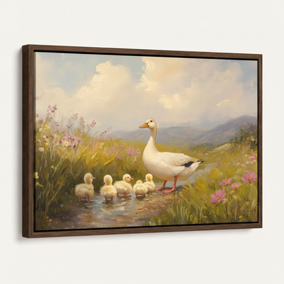 Framed goose ducklings meadow canvas print in dark walnut float frame angled product view