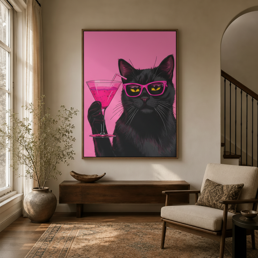 Funny black cat martini pop art canvas in walnut frame styled in modern entryway with wood console table