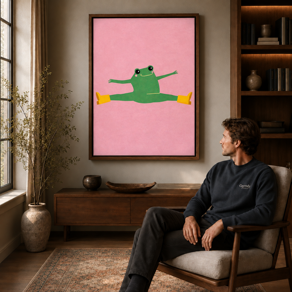 Framed frog wall art with yellow rain boots in a cozy living room