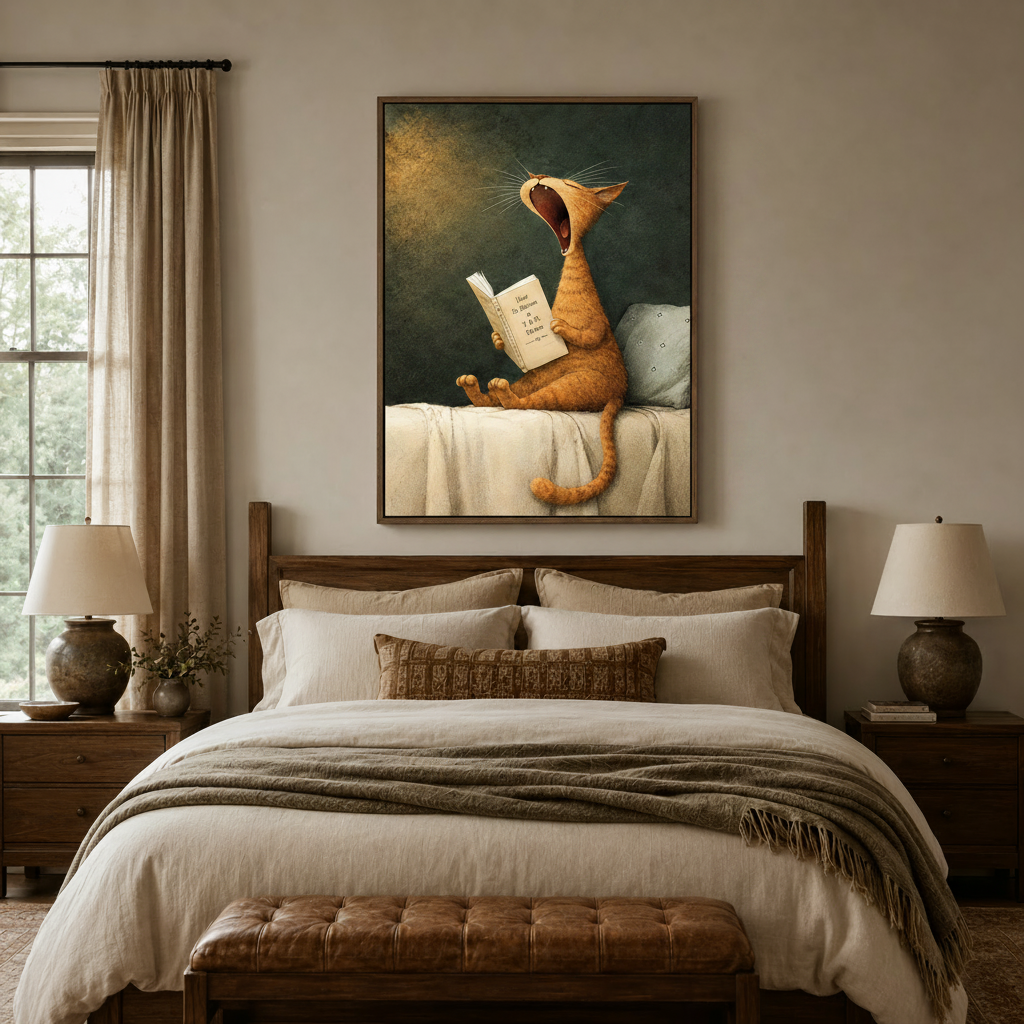 Funny yawning cat reading book framed canvas wall art above rustic wooden bed in cozy bedroom