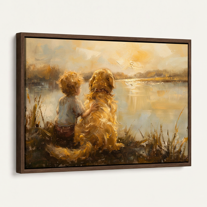 Framed child and golden retriever sunset lake impressionist canvas print in dark walnut float frame 3/4 view