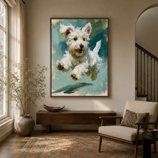 Impressionist white terrier canvas wall art displayed in warm neutral entryway beside staircase