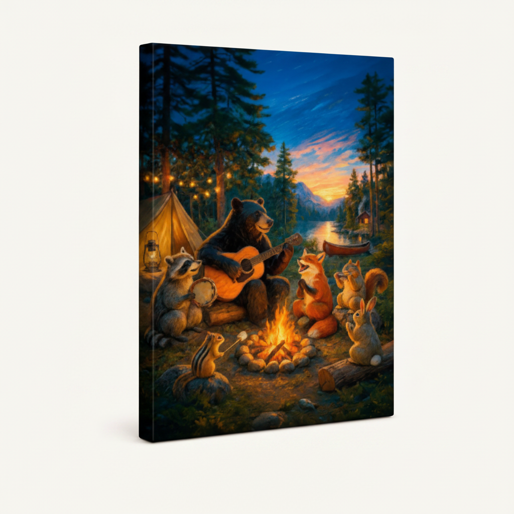  Gallery-wrapped canvas of bear campfire guitar scene with woodland animals shown at angle on white background
