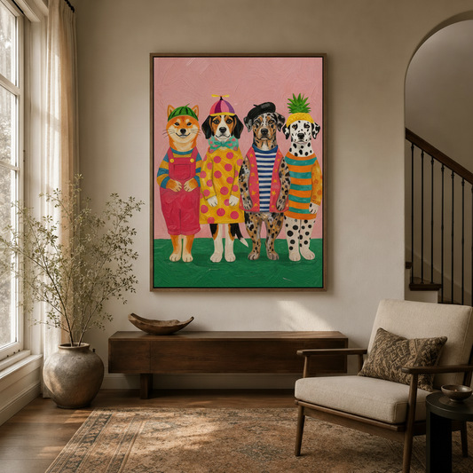 Bold impasto dog wall art hanging in a cozy entryway with arched doorway and natural light