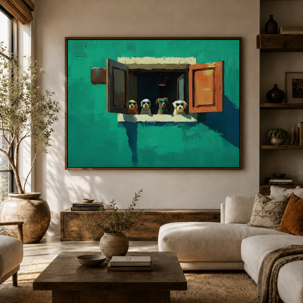 Colorful dog wall art in float frame hung above sideboard in modern living room