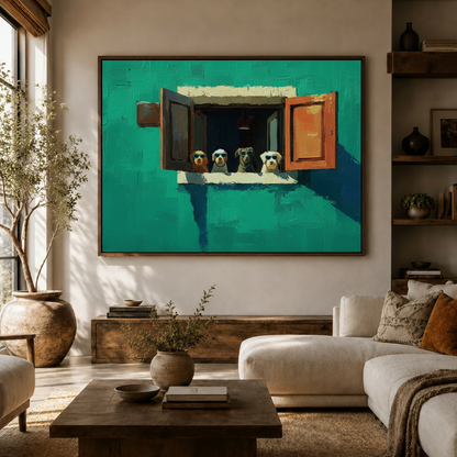 Colorful dog wall art in float frame hung above sideboard in modern living room