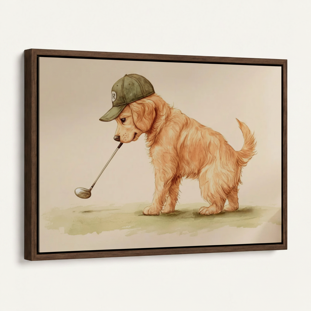 Framed golden retriever puppy golf hat illustrated canvas print in dark walnut float frame angled view