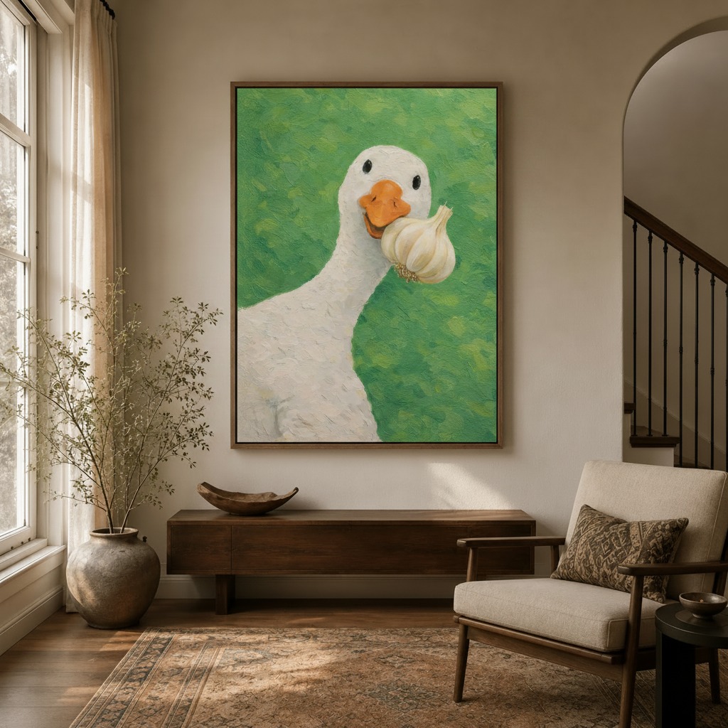Funny white goose painting in natural wood frame hung in a warm neutral entryway with walnut console