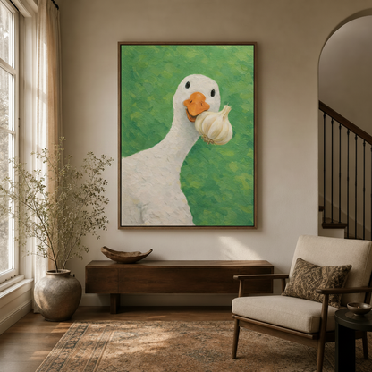 Funny white goose painting in natural wood frame hung in a warm neutral entryway with walnut console