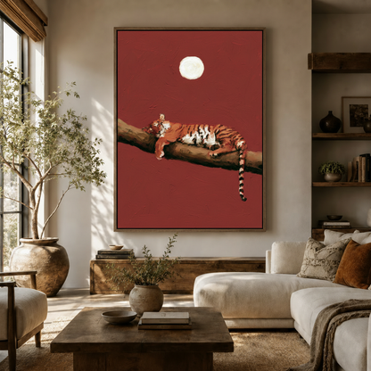 Moody tiger canvas print hanging in modern living room above wooden sideboard