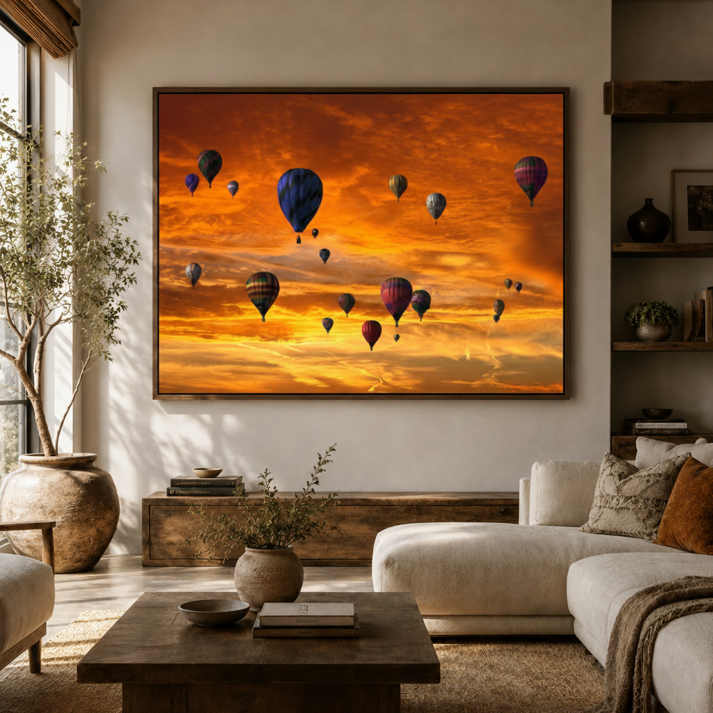 Colorful hot air balloons floating over golden sunset sky canvas art in a cozy modern living room
