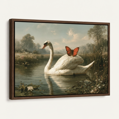 Dark walnut float frame classical swan butterfly lake canvas wall art angled left view on cream background