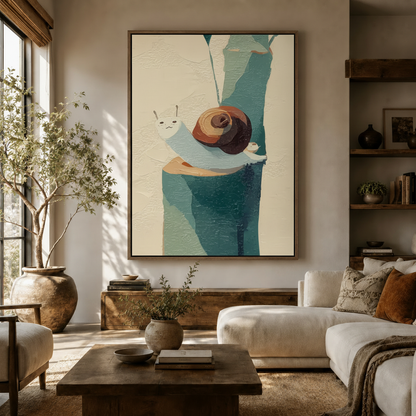 Whimsical snail wall art in a neutral living room above a white linen sofa and rustic coffee table
