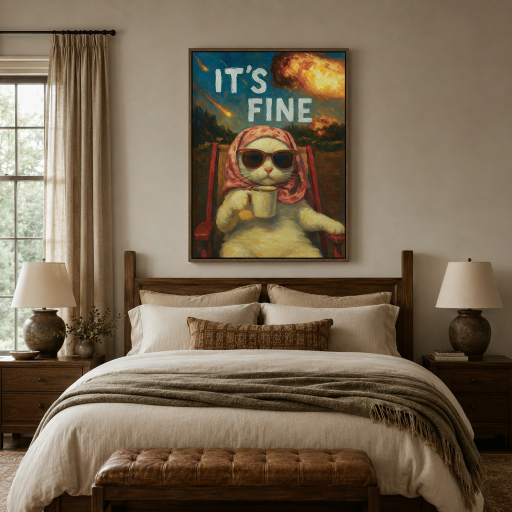 White cat sunglasses It's Fine meme canvas in dark walnut float frame above linen headboard in warm neutral bedroom