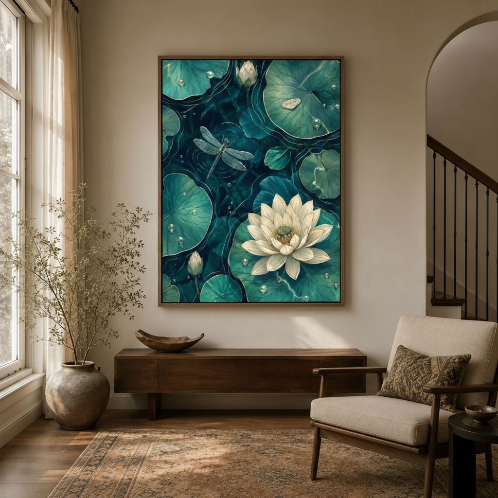 Teal lotus botanical wall art in dark walnut float frame hanging in a warm entryway hallway