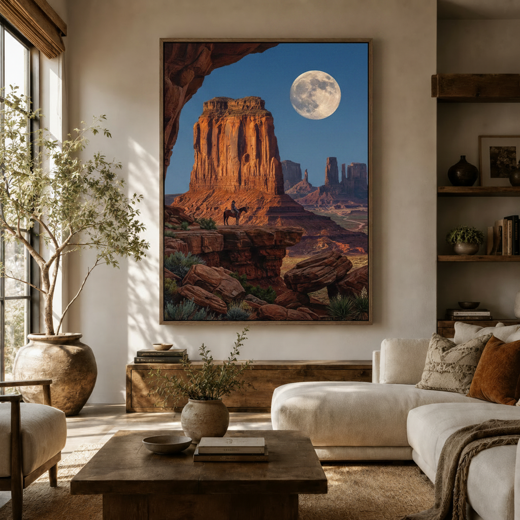 Framed western canyon wall art in a bright living room with white sofa and olive tree, moonlit night scene