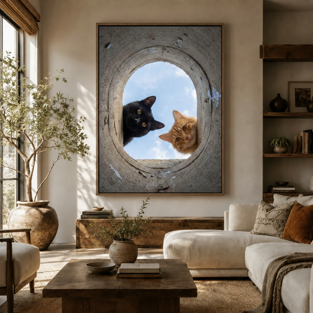 Black and orange cat framed wall art hanging in neutral modern living room above sideboard