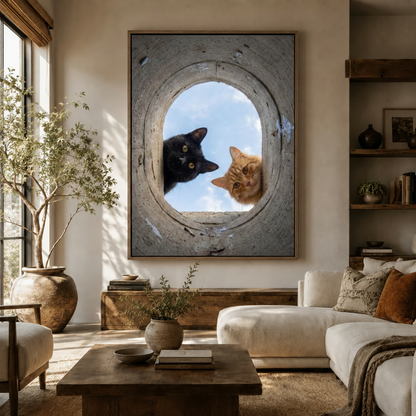 Black and orange cat framed wall art hanging in neutral modern living room above sideboard