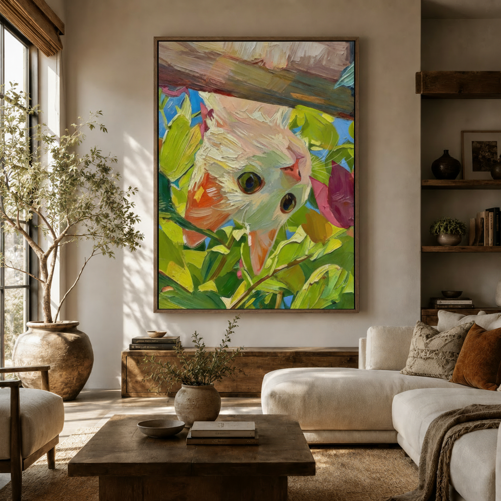 Floral impasto cat wall art in a neutral living room above a white linen sofa and rustic coffee table