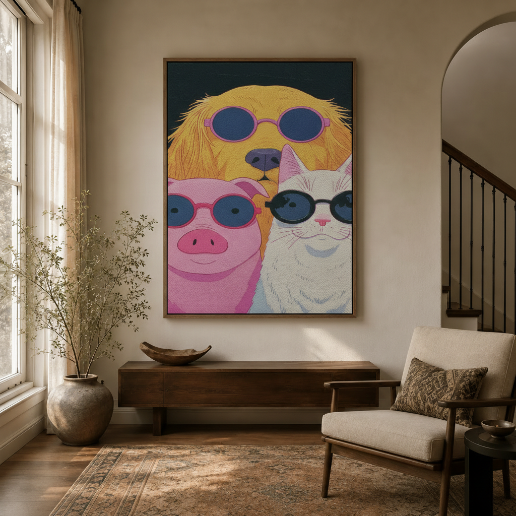 Funny dog pig cat wall art in walnut float frame displayed in cozy entryway