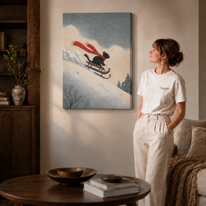 Unframed black cat sledding canvas art displayed beside a sofa in a warm living room.