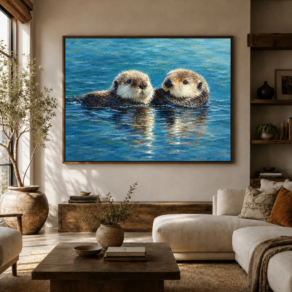 Realistic sea otter canvas wall art above a wooden console in a warm neutral living room with cream sofa