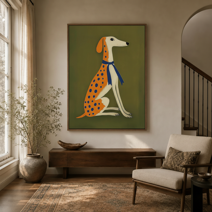 Greyhound wall art canvas in entryway hallway with warm wood console and arched doorway