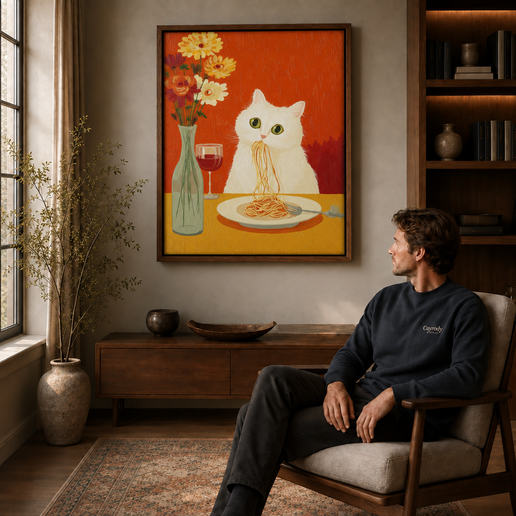 Seated man viewing a white cat eating spaghetti in a walnut-framed portrait.