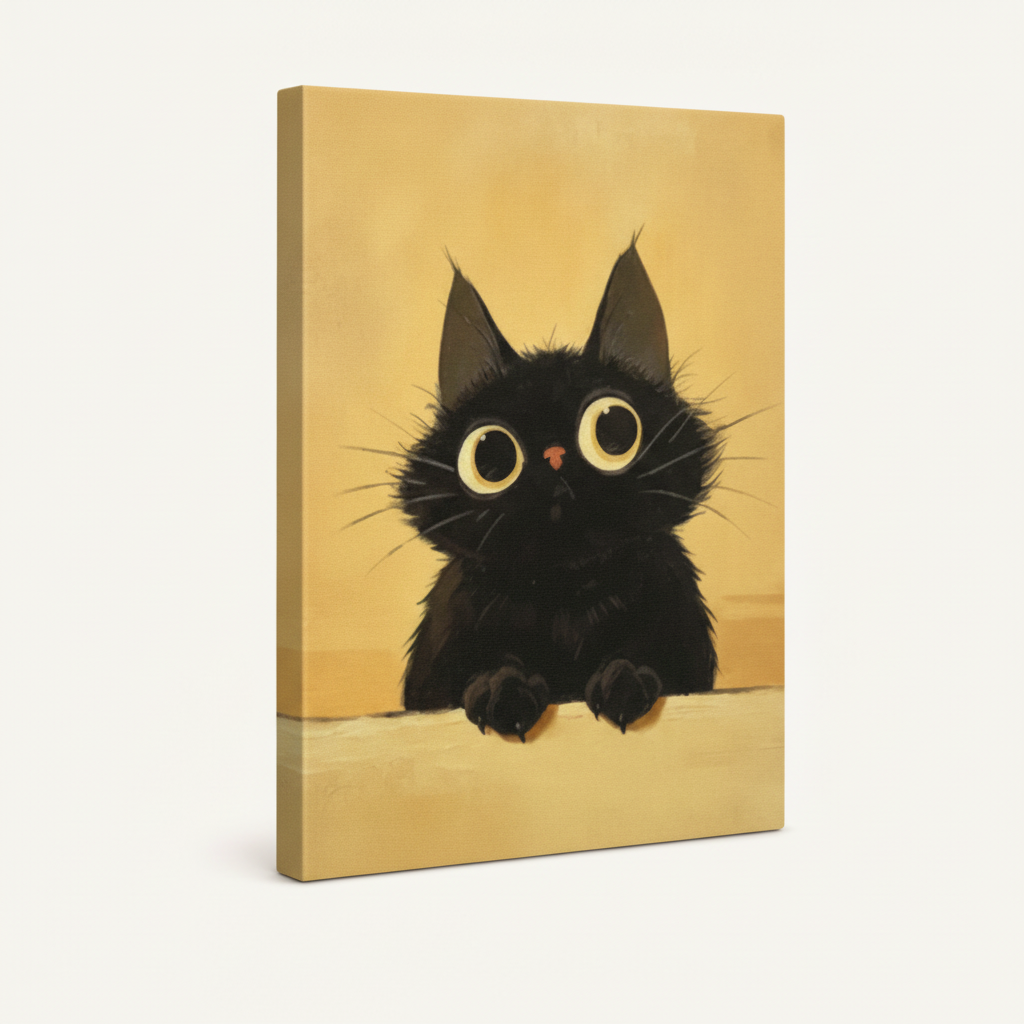 Gallery-wrapped whimsical black kitten peeking print shown at angle on white background