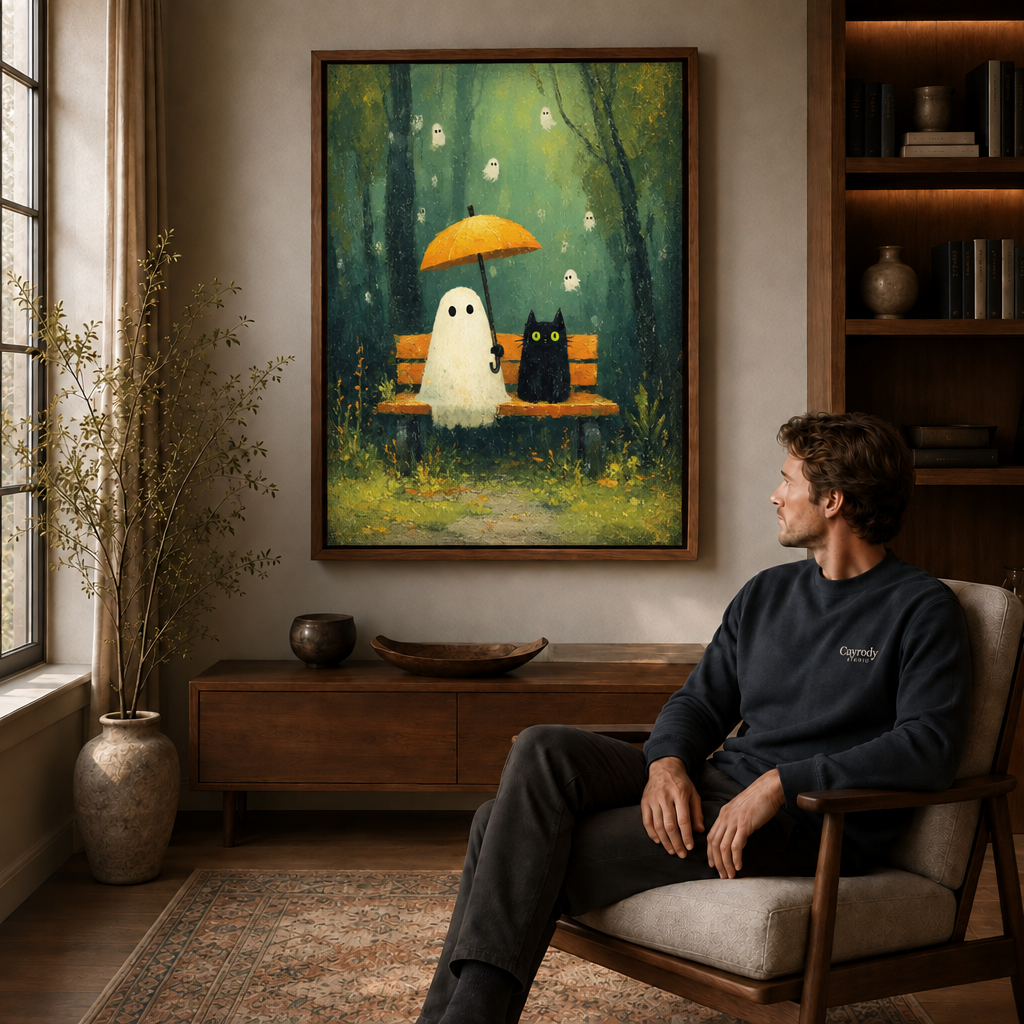 Rainy forest ghost and black cat wall art displayed above a wood cabinet beside a seated man.