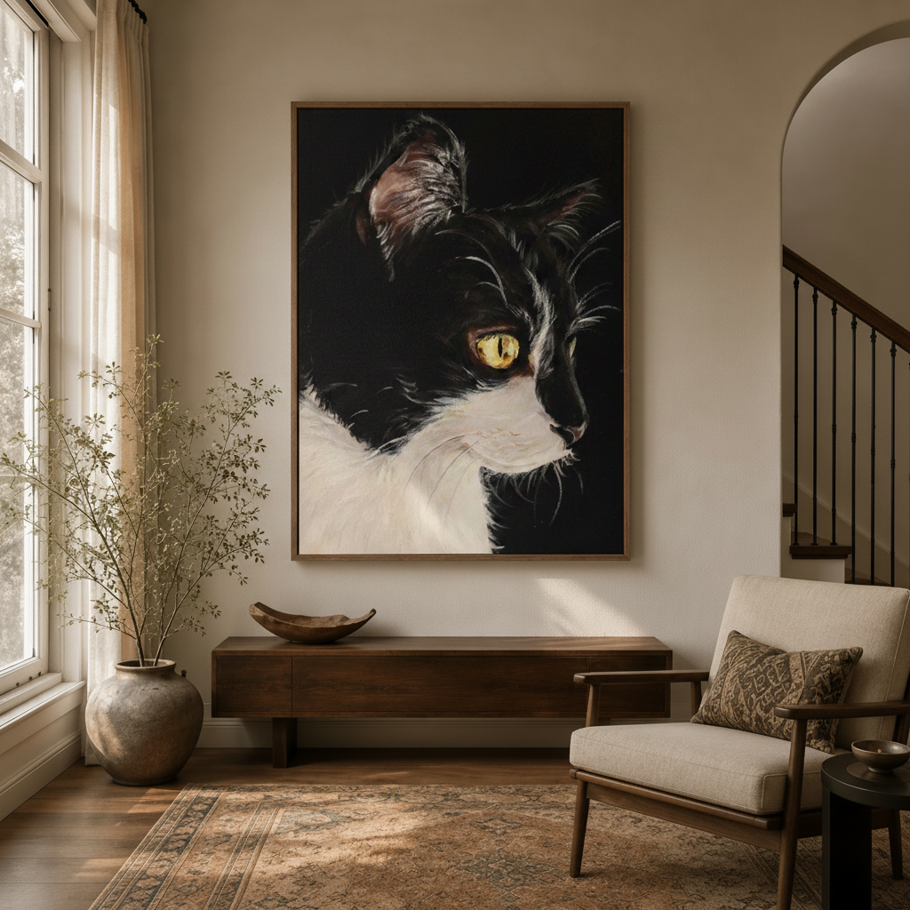 Tuxedo cat oil painting print in dark walnut frame hanging in entryway hallway