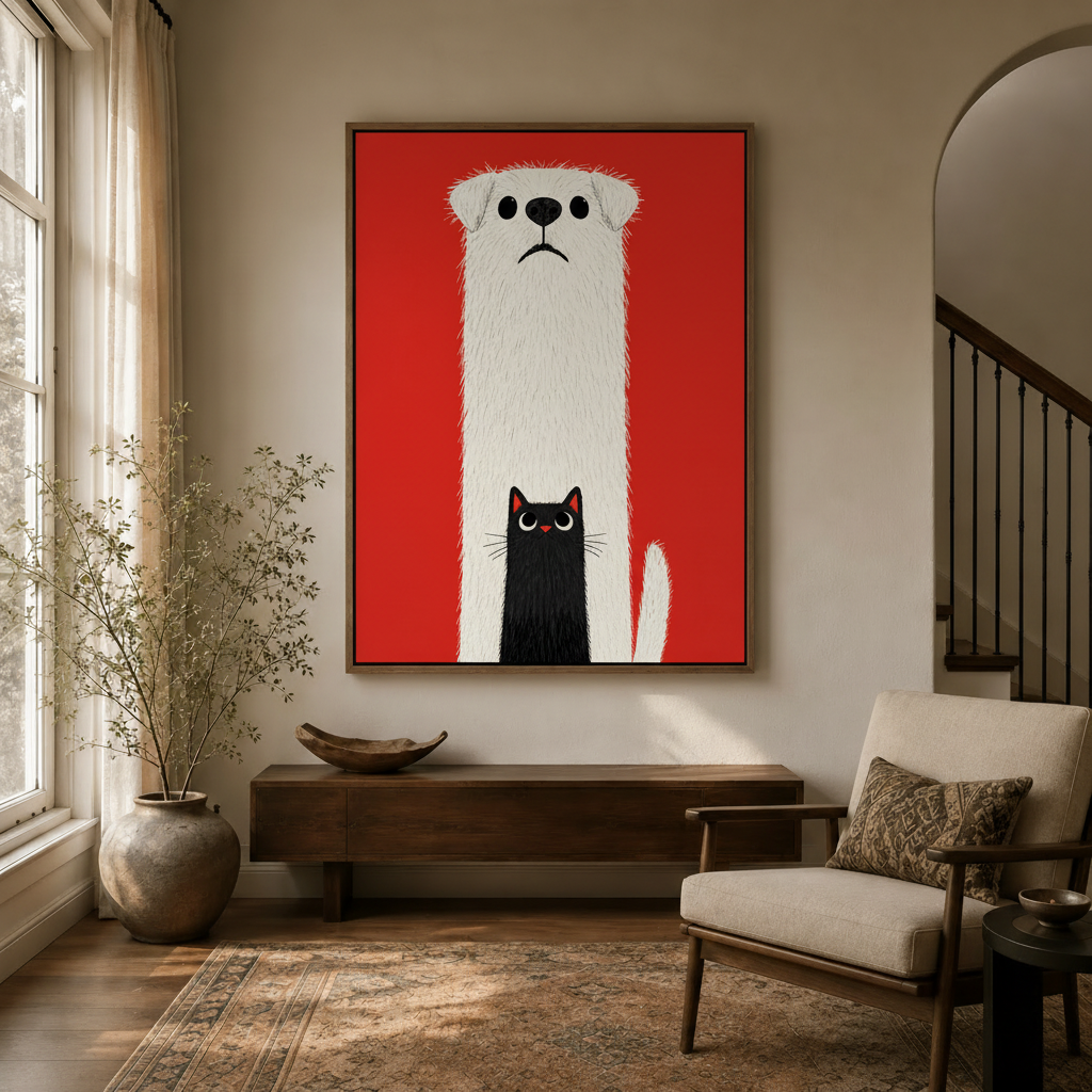  Bold red dog and cat illustration canvas wall art displayed in a bright transitional entryway with arched doorway
