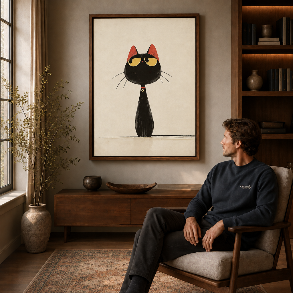 Man relaxing in a reading nook chair facing a minimalist black cat canvas wall art