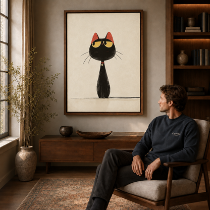 Man relaxing in a reading nook chair facing a minimalist black cat canvas wall art