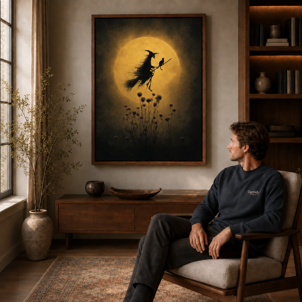 Framed mystical witch wall art with a golden moon hangs above a sideboard beside a seated man.