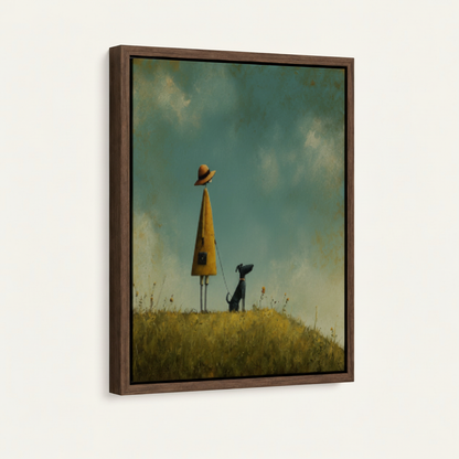 Girl and dog whimsical canvas in dark walnut thick float frame, portrait orientation, 3/4 angle view on off-white background