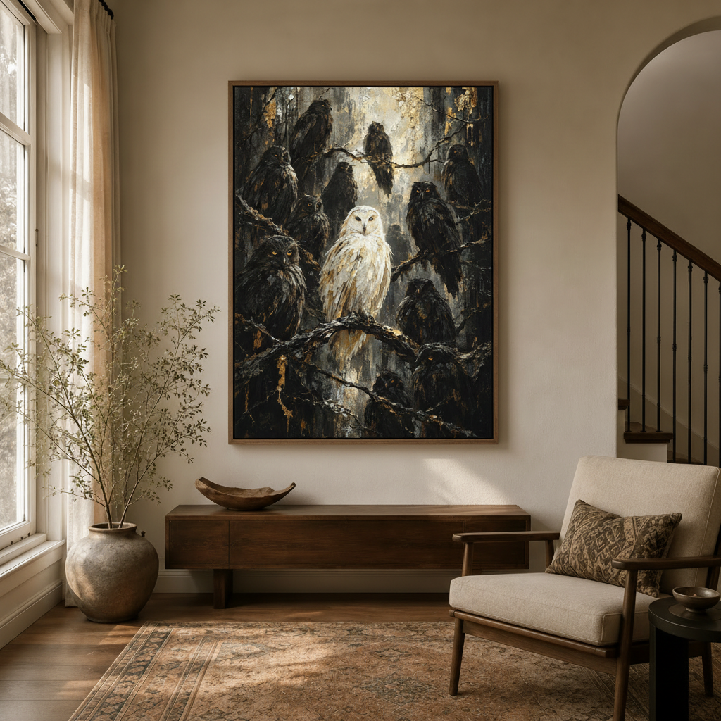 Dramatic white owl among dark owls framed canvas print hanging in entryway foyer decor