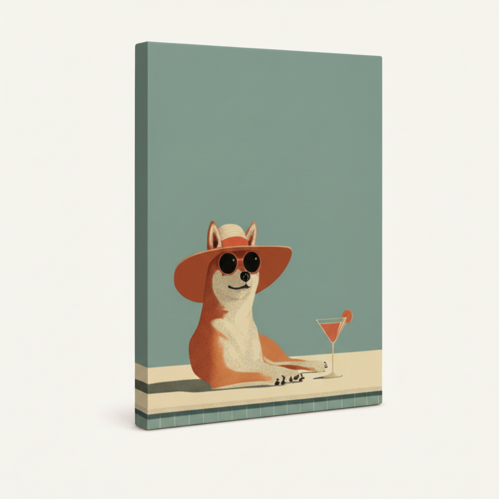 Gallery-wrapped corgi pool canvas showing retro dog with sunglasses and cocktail with thick wrapped edges