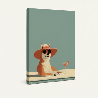 Gallery-wrapped corgi pool canvas showing retro dog with sunglasses and cocktail with thick wrapped edges