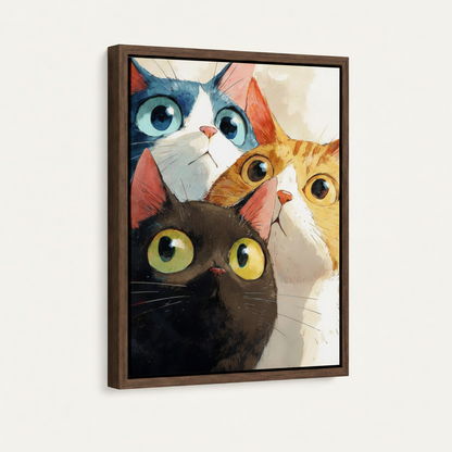 Close-up side view of dark walnut float frame with three wide-eyed cats watercolor canvas print on white wall