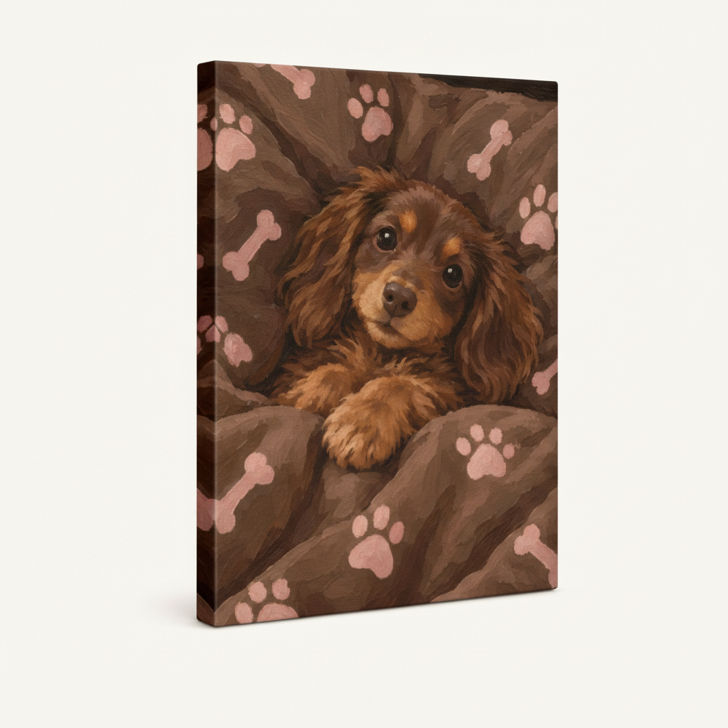Gallery-wrapped reddish-brown puppy paw-print blanket canvas with brown wrap sides on off-white background