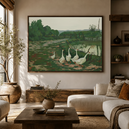 Impressionist white geese oil painting on canvas hung above sideboard in warm modern living room