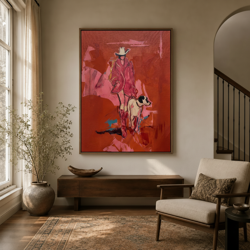 Expressive red western figurative art displayed in entryway with arched doorway and dried botanicals